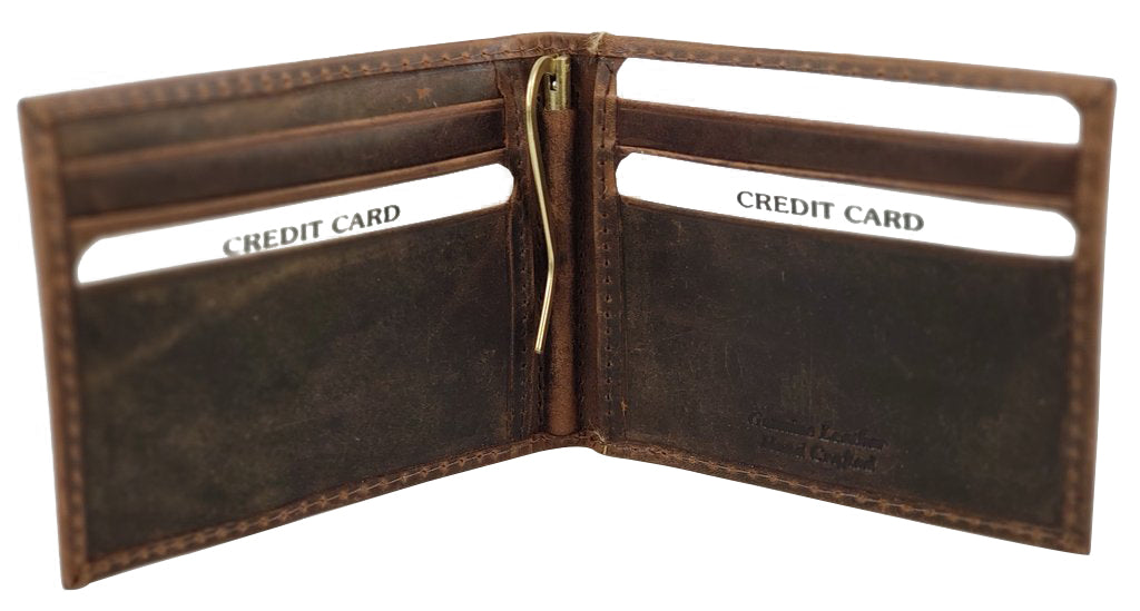 RFID Distressed Leather Bifold Wallet with Money Clip